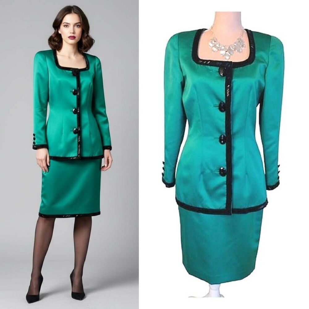 VTG 90s D'ore Della Roufogali Green Satin Beaded Skirt Suit Set 6 Event Gala MCM